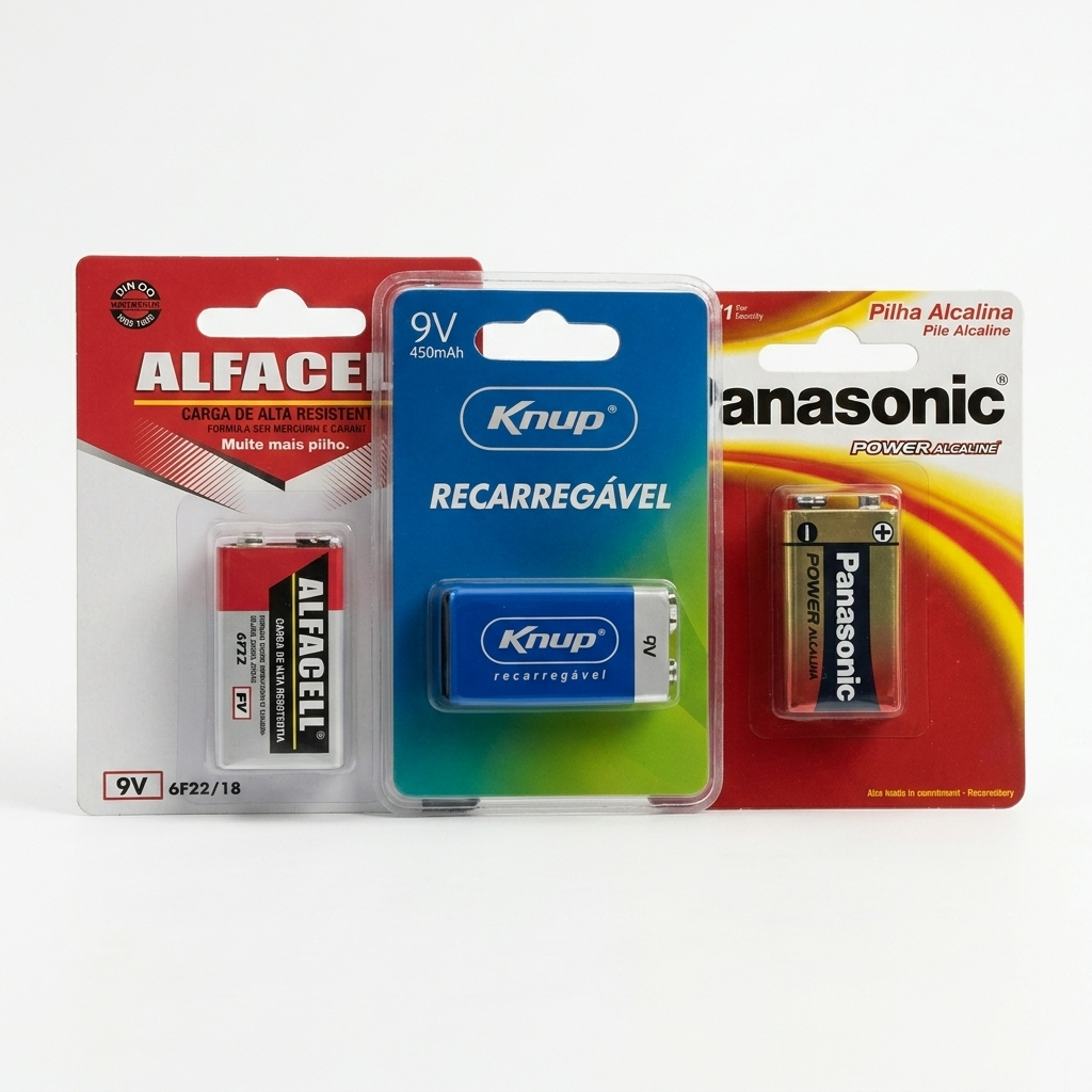 Bateria 9V Básica, Alcalina e Recarregável